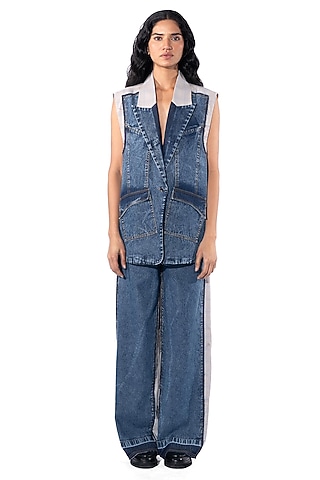 Blue Denim Cotton Paneled Jacket Set by Kanika Goyal