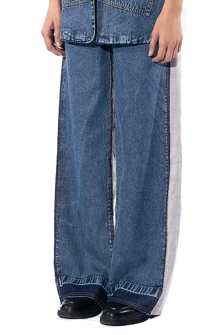 Blue Denim Cotton Paneled Jacket Set by Kanika Goyal at Pernia's Pop Up Shop