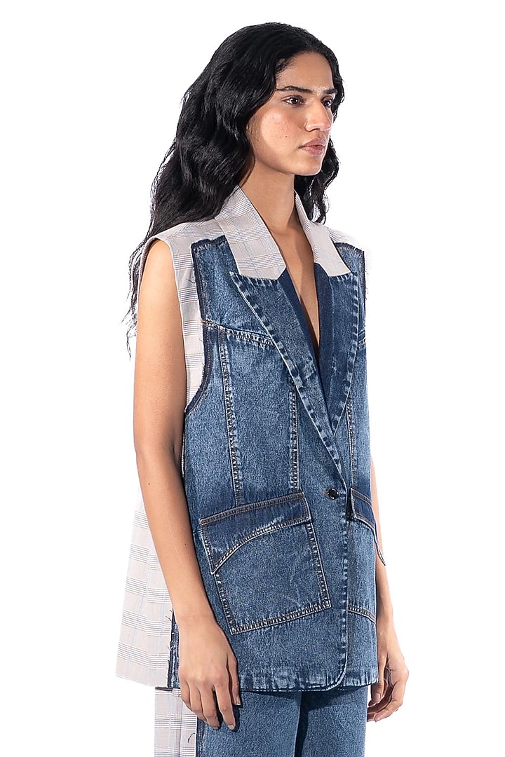 Blue Denim Cotton Paneled Jacket Set by Kanika Goyal at Pernia's Pop Up Shop