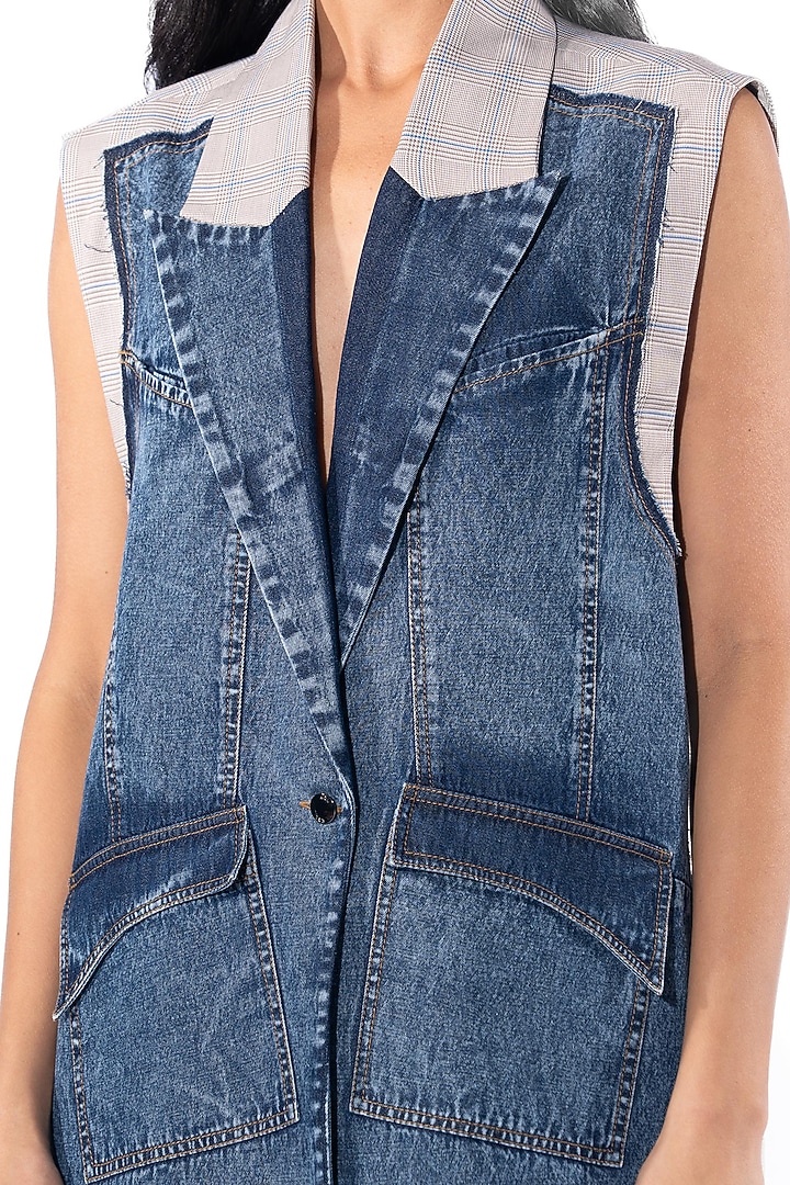 Blue Denim Cotton Paneled Jacket Set by Kanika Goyal at Pernia's Pop Up Shop