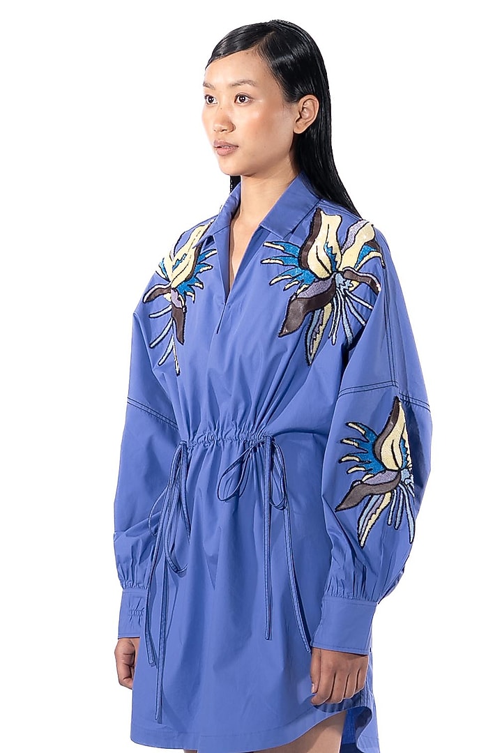Blue Cotton Embellished Vacation Dress by Kanika Goyal at Pernia's Pop Up Shop