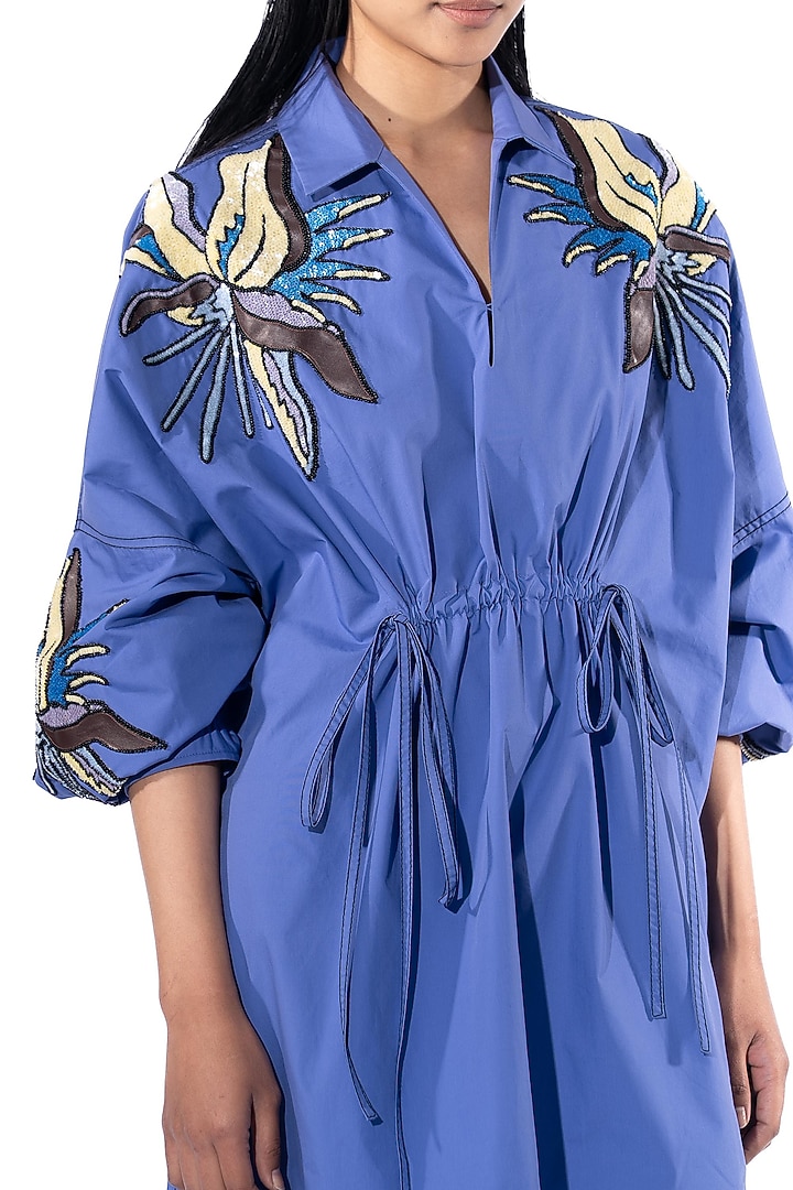 Blue Cotton Embellished Vacation Dress by Kanika Goyal at Pernia's Pop Up Shop