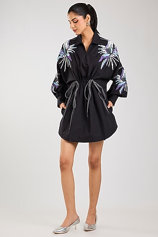 Black Cotton Embellished Dress by Kanika Goyal