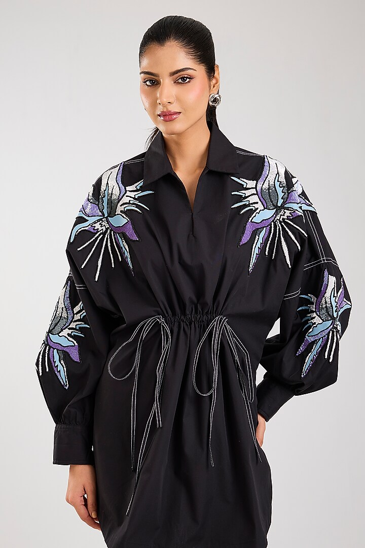 Black Cotton Embellished Vacation Dress by Kanika Goyal at Pernia's Pop Up Shop