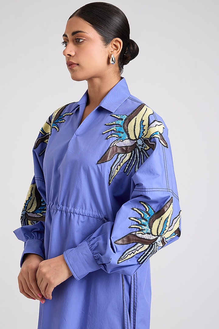 Blue Cotton Embellished Cocktail Dress by Kanika Goyal at Pernia's Pop Up Shop