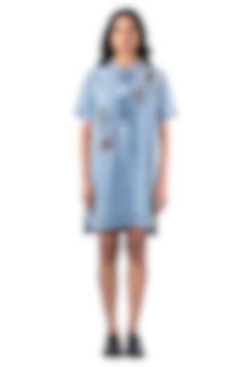 Light Blue Denim Cotton Hand Embellished Vacation Dress by Kanika Goyal at Pernia's Pop Up Shop