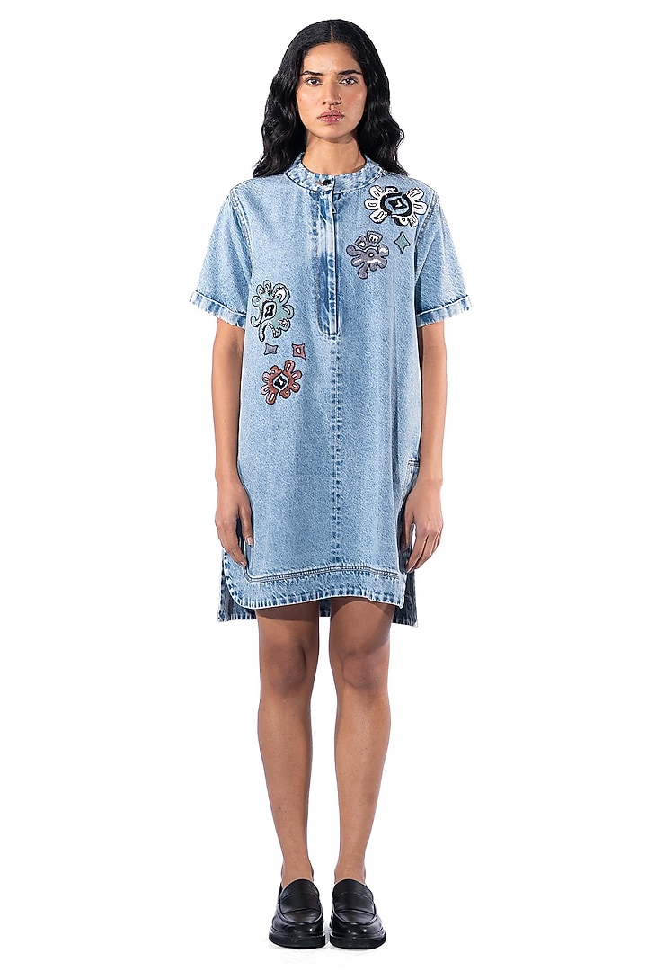 Light Blue Denim Cotton Hand Embellished Vacation Dress by Kanika Goyal at Pernia's Pop Up Shop