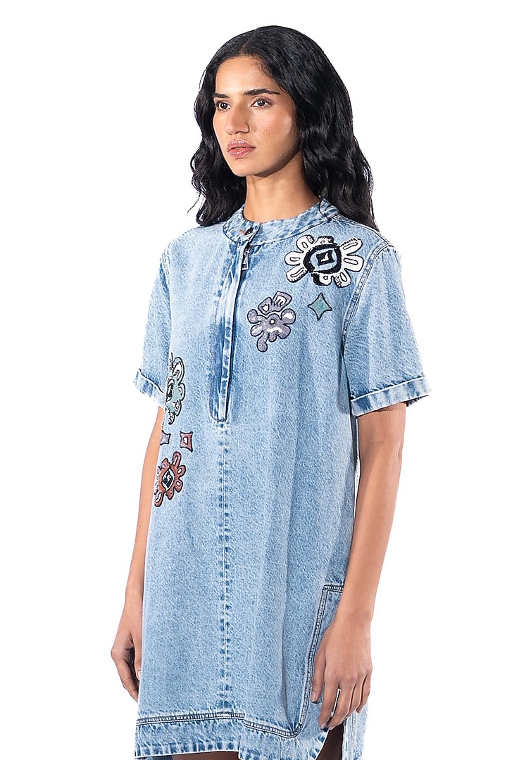 Light Blue Denim Cotton Hand Embellished Vacation Dress by Kanika Goyal at Pernia's Pop Up Shop
