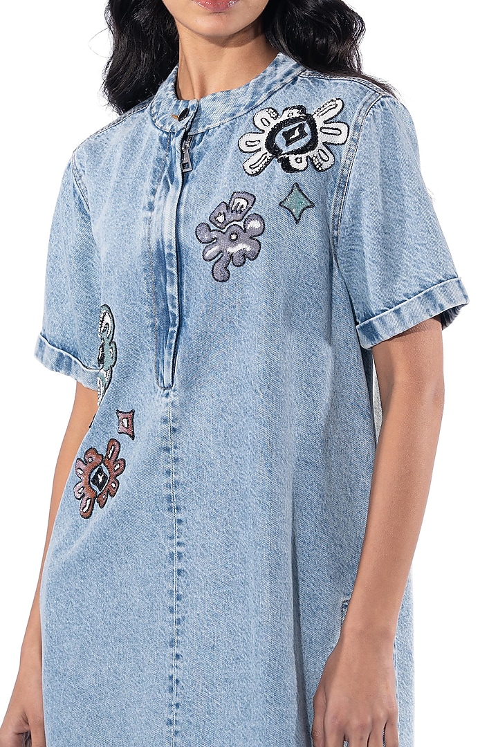 Light Blue Denim Cotton Hand Embellished Vacation Dress by Kanika Goyal at Pernia's Pop Up Shop