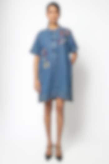 Dark Blue Denim Cotton Hand Embellished Vacation Dress by Kanika Goyal at Pernia's Pop Up Shop