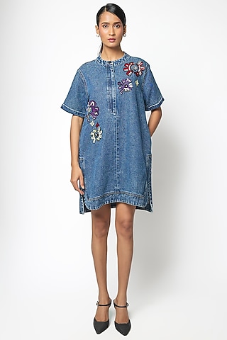 Dark Blue Denim Cotton Hand Embellished Dress by Kanika Goyal