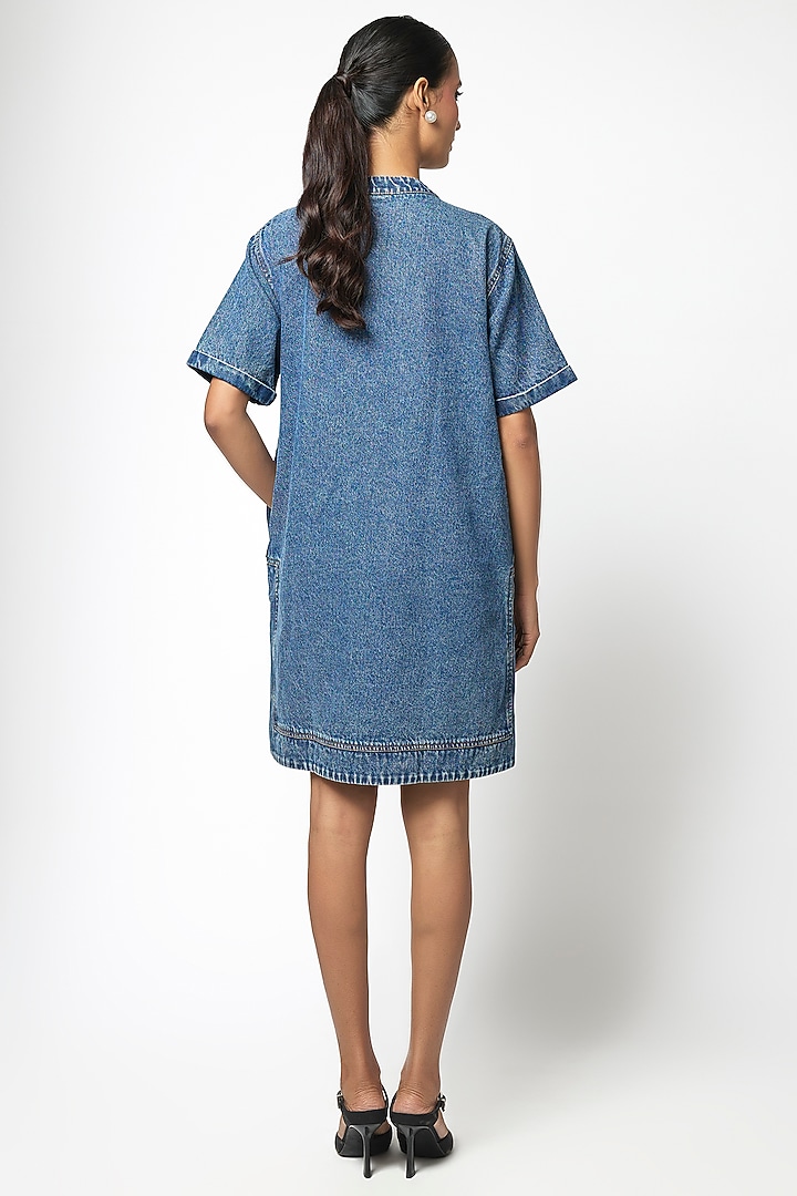 Dark Blue Denim Cotton Hand Embellished Vacation Dress by Kanika Goyal at Pernia's Pop Up Shop
