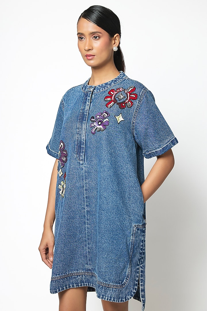 Dark Blue Denim Cotton Hand Embellished Vacation Dress by Kanika Goyal at Pernia's Pop Up Shop