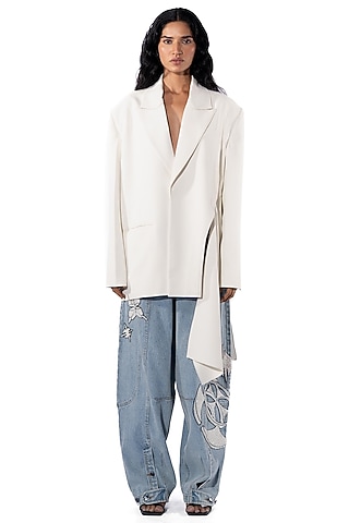 White Polyester Blazer Set by Kanika Goyal