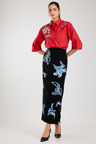 Black Polyester Embellished Midi Skirt by Kanika Goyal