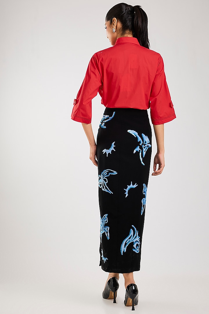 Black Polyester Embellished Midi Skirt by Kanika Goyal at Pernia's Pop Up Shop