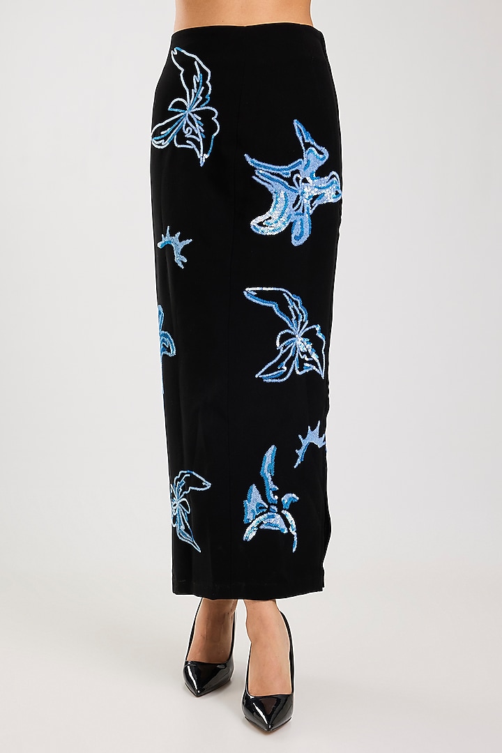 Black Polyester Embellished Midi Skirt by Kanika Goyal at Pernia's Pop Up Shop