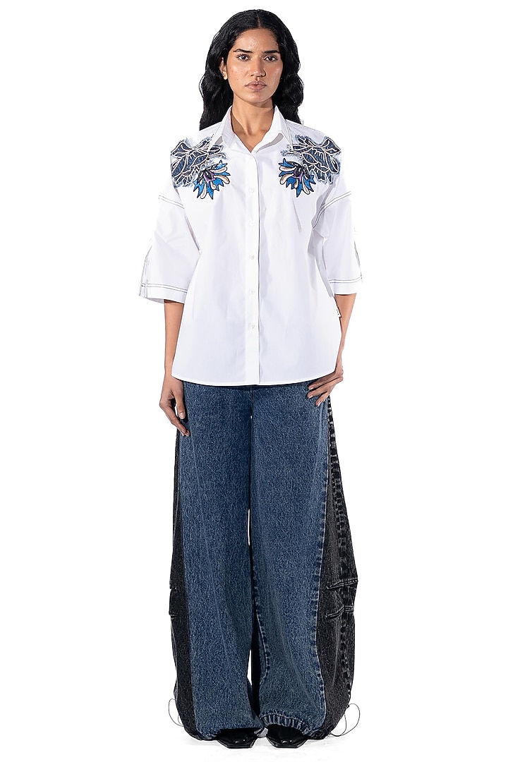 White Cotton Hand Embellished Shirt by Kanika Goyal at Pernia's Pop Up Shop