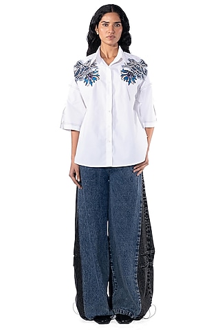 White Cotton Hand Embellished Shirt by Kanika Goyal