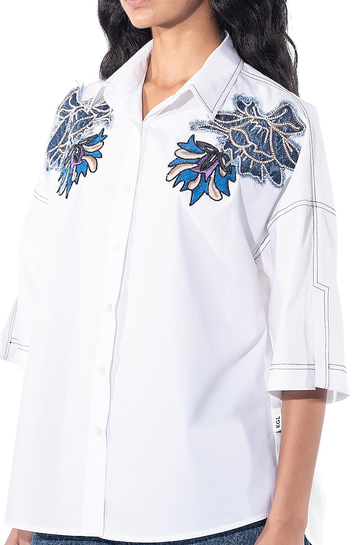White Cotton Hand Embellished Shirt by Kanika Goyal at Pernia's Pop Up Shop