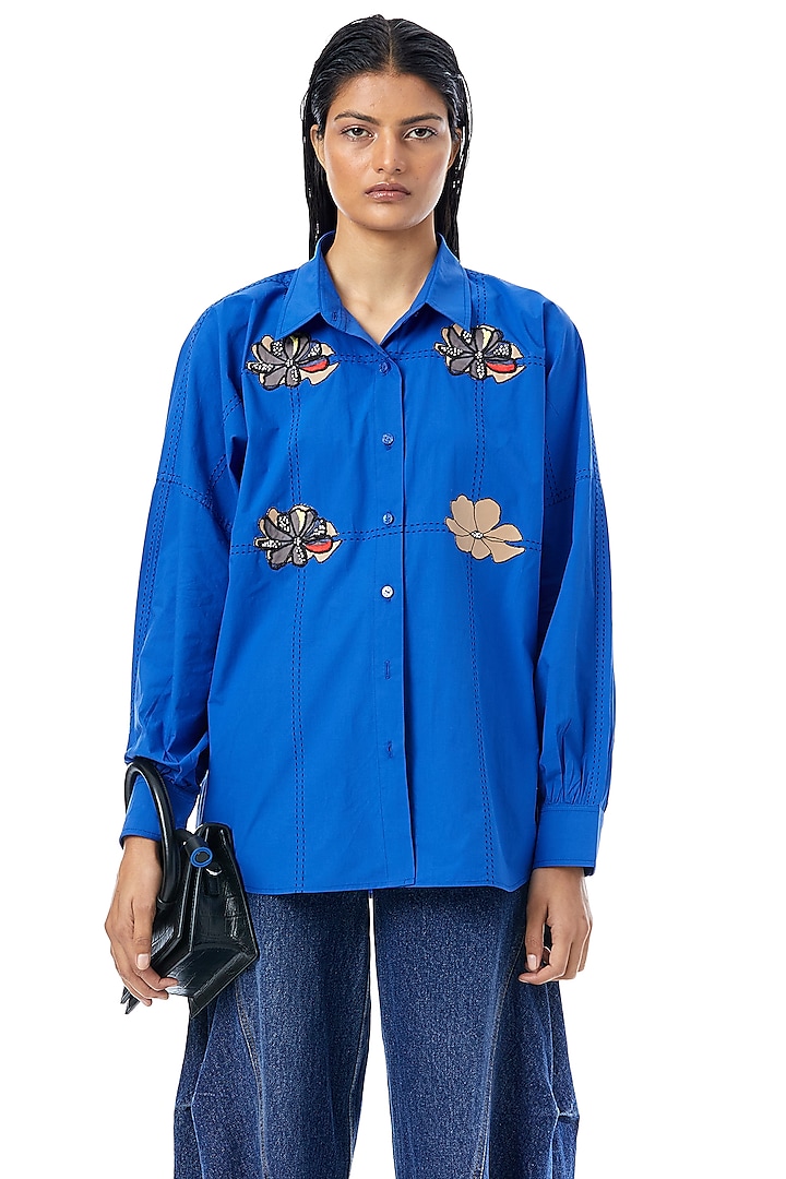 Blue Cotton Applique Hand Embellished Shirt by Kanika Goyal