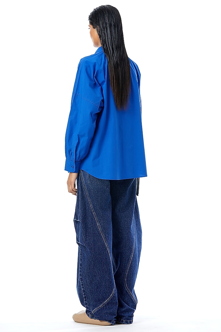 Blue Cotton Applique Hand Embellished Shirt by Kanika Goyal at Pernia's Pop Up Shop