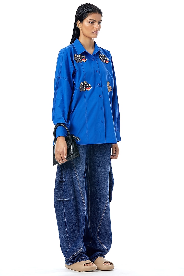 Blue Cotton Applique Hand Embellished Shirt by Kanika Goyal at Pernia's Pop Up Shop