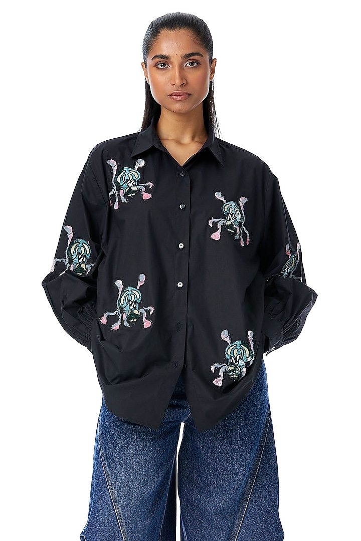 Black Cotton Embellished Shirt by Kanika Goyal at Pernia's Pop Up Shop