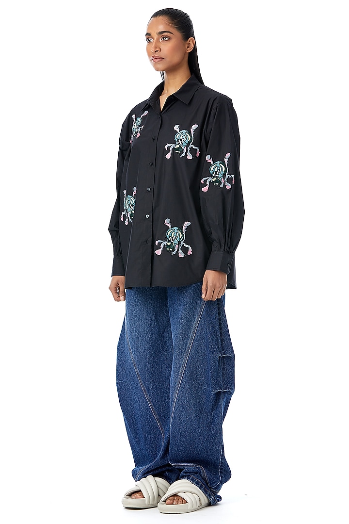 Black Cotton Embellished Shirt by Kanika Goyal at Pernia's Pop Up Shop