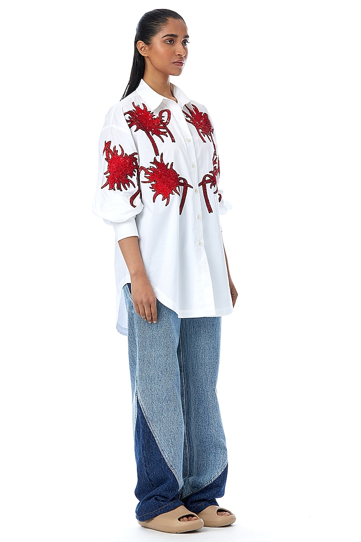 White Cotton Hand Embellished Shirt by Kanika Goyal at Pernia's Pop Up Shop