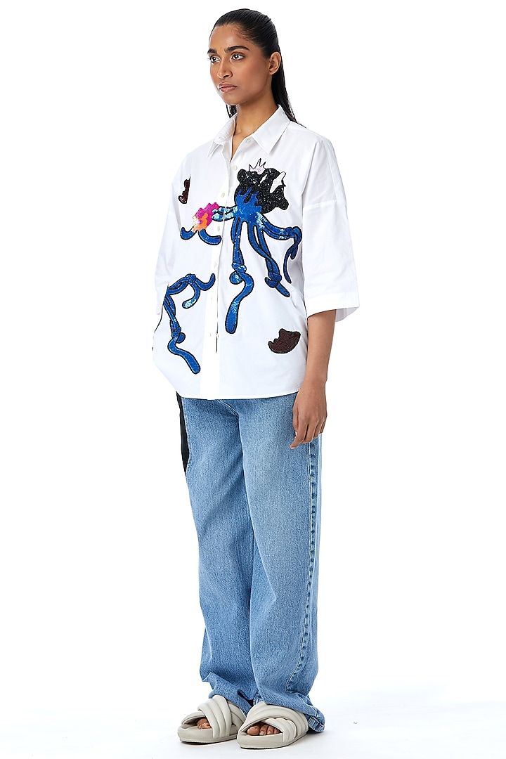 White Cotton Hand Embellished Shirt by Kanika Goyal at Pernia's Pop Up Shop