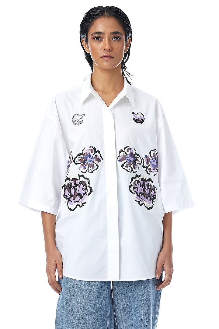 White Cotton Hand Embellished Shirt by Kanika Goyal
