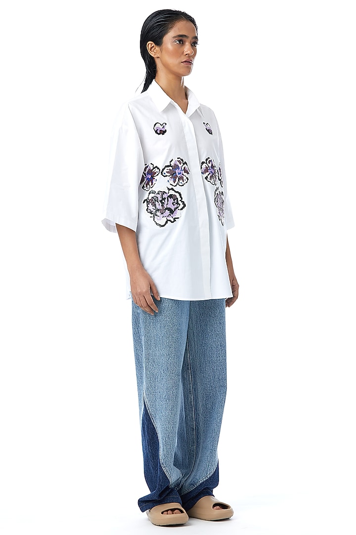 White Cotton Hand Embellished Shirt by Kanika Goyal at Pernia's Pop Up Shop