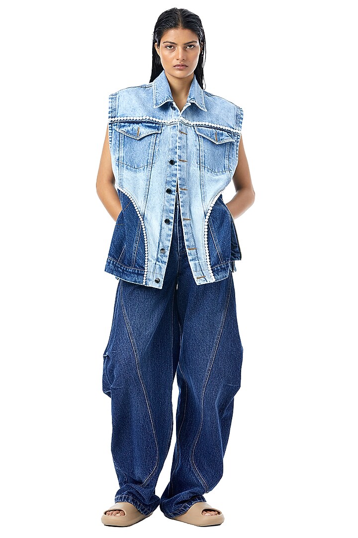 Blue Denim Embellished Vest by Kanika Goyal at Pernia's Pop Up Shop