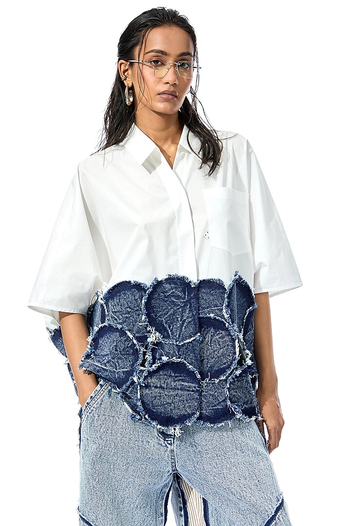 White & Blue Cotton Shirt by Kanika Goyal at Pernia's Pop Up Shop