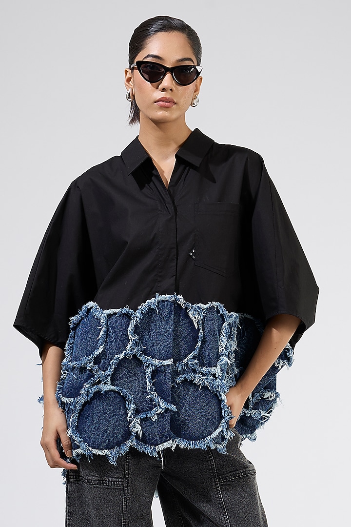 Black Cotton Patchwork Shirt by Kanika Goyal at Pernia's Pop Up Shop