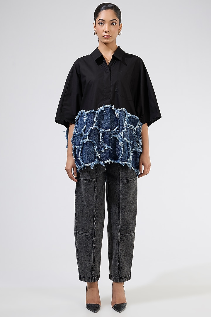 Black Cotton Patchwork Shirt by Kanika Goyal at Pernia's Pop Up Shop