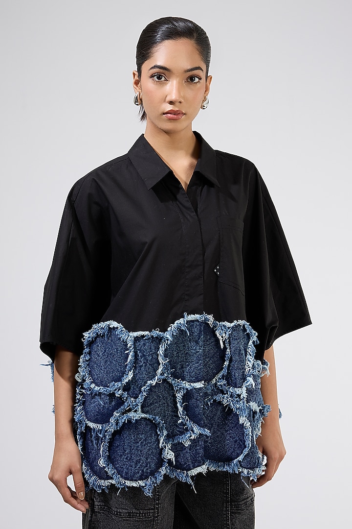 Black Cotton Patchwork Shirt by Kanika Goyal at Pernia's Pop Up Shop