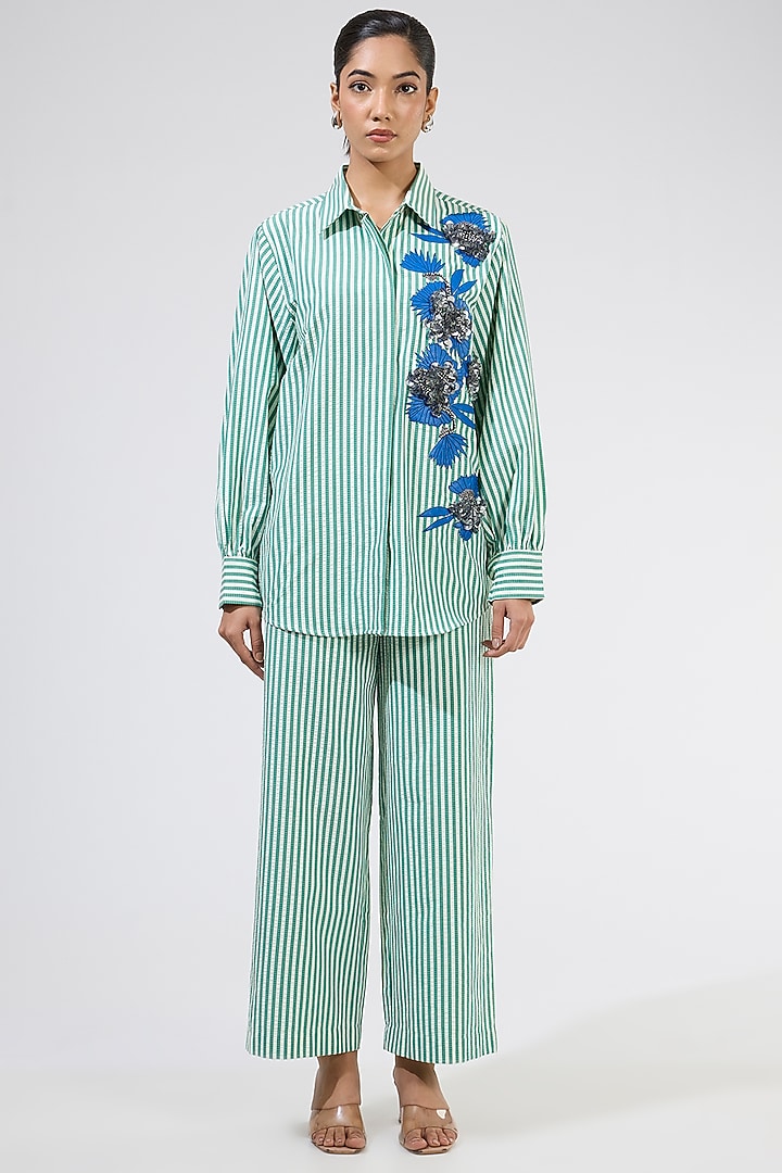 Green & White Cotton Embellished Co-Ord Set by Kanika Goyal at Pernia's Pop Up Shop