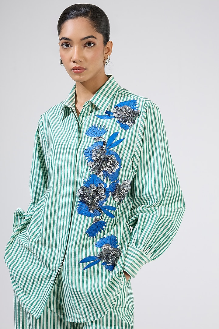 Green & White Cotton Embellished Co-Ord Set by Kanika Goyal at Pernia's Pop Up Shop