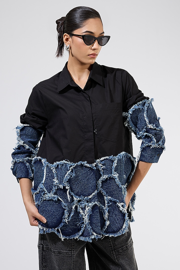 Black Cotton Patchwork Shirt by Kanika Goyal at Pernia's Pop Up Shop