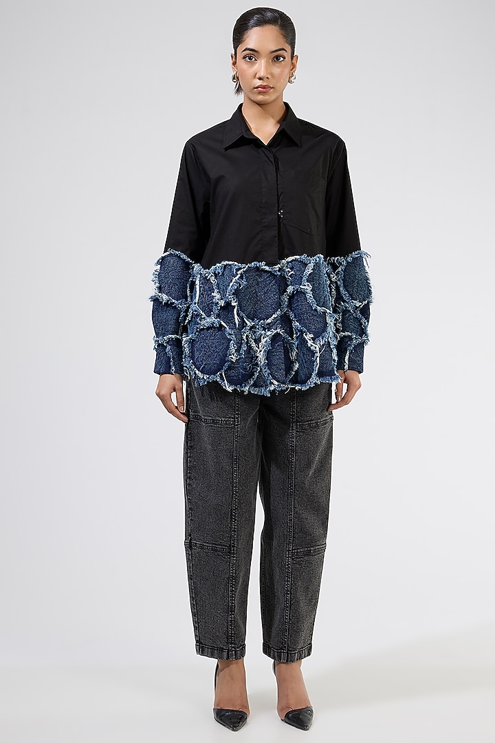 Black Cotton Patchwork Shirt by Kanika Goyal at Pernia's Pop Up Shop