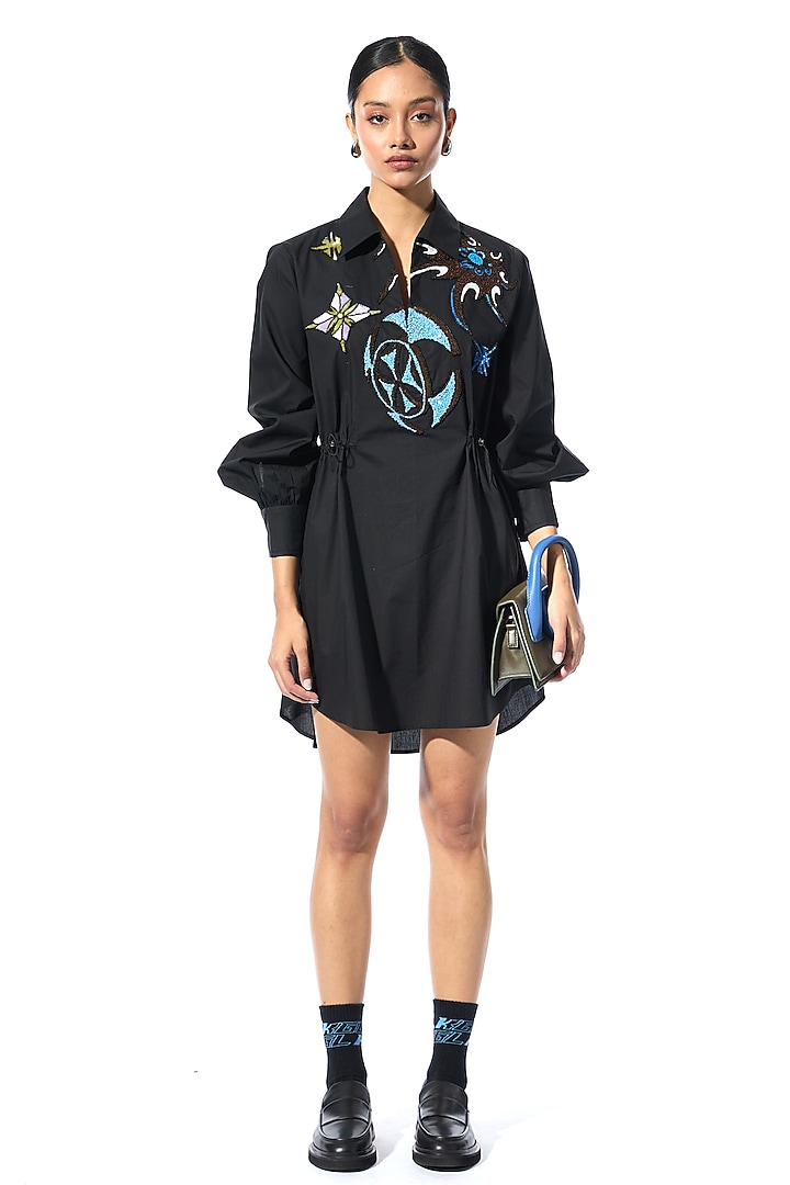 Black Cotton Embellished Vacation Dress by Kanika Goyal at Pernia's Pop Up Shop