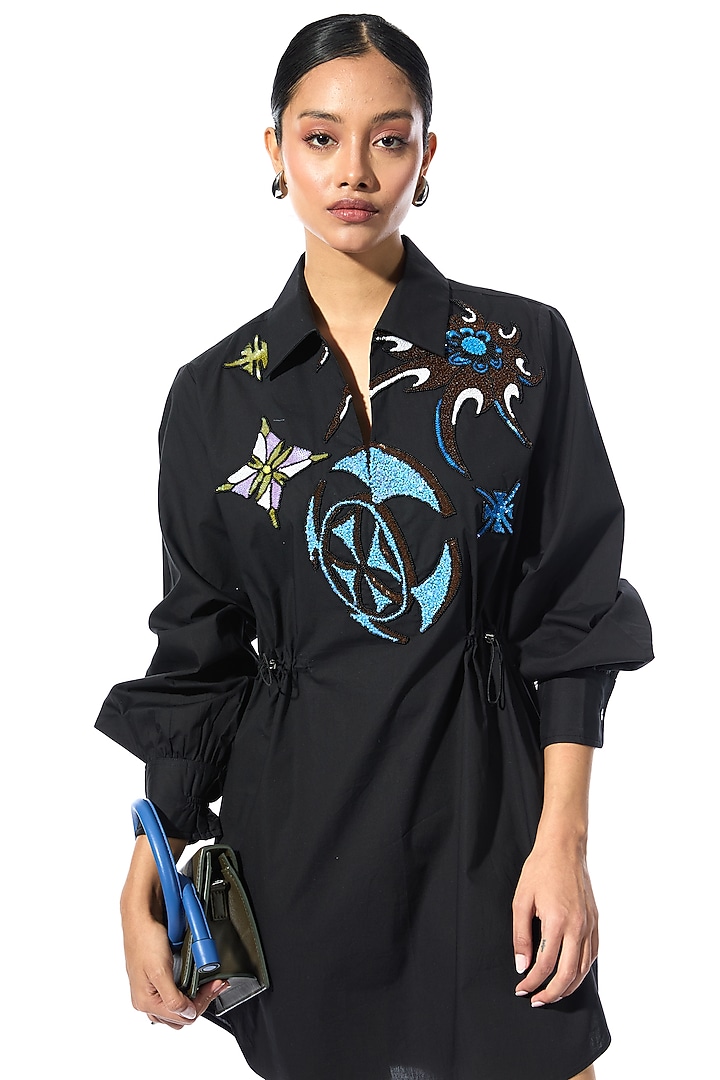 Black Cotton Embellished Vacation Dress by Kanika Goyal at Pernia's Pop Up Shop
