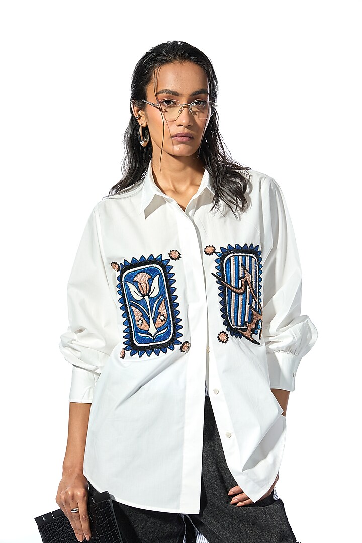 White Cotton Embellished Shirt by Kanika Goyal at Pernia's Pop Up Shop