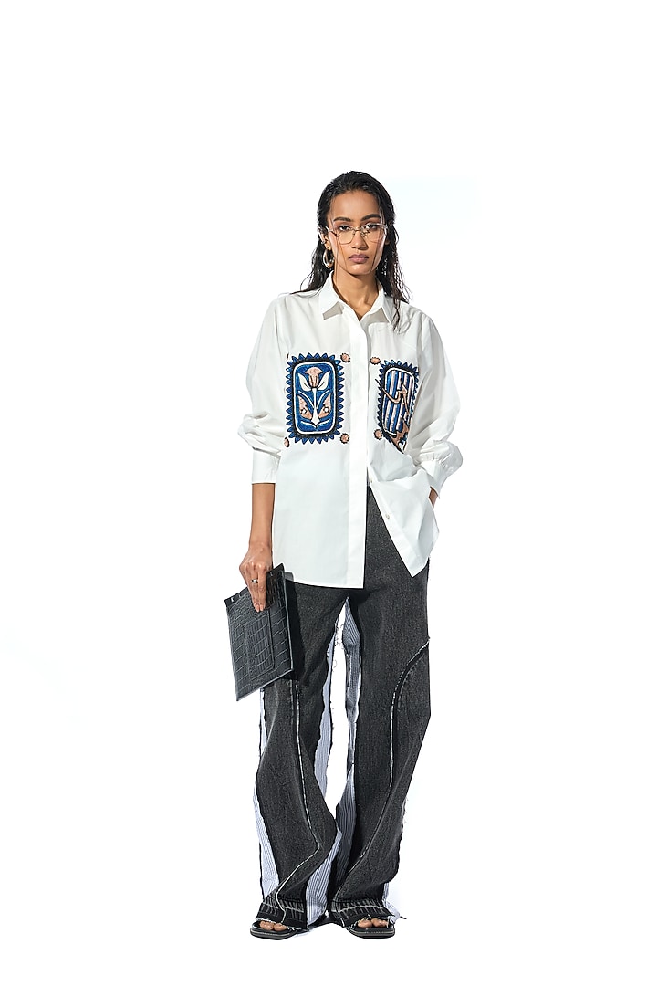 White Cotton Embellished Shirt by Kanika Goyal at Pernia's Pop Up Shop
