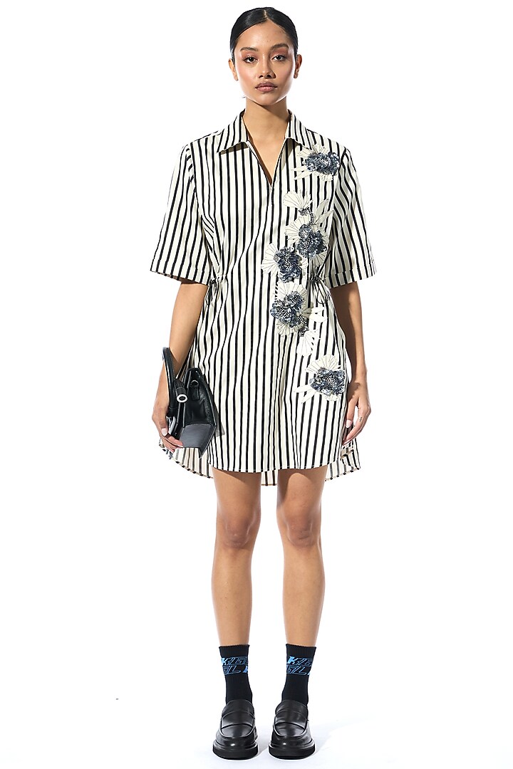 Beige & Black Cotton Embellished Striped Vacation Dress by Kanika Goyal at Pernia's Pop Up Shop