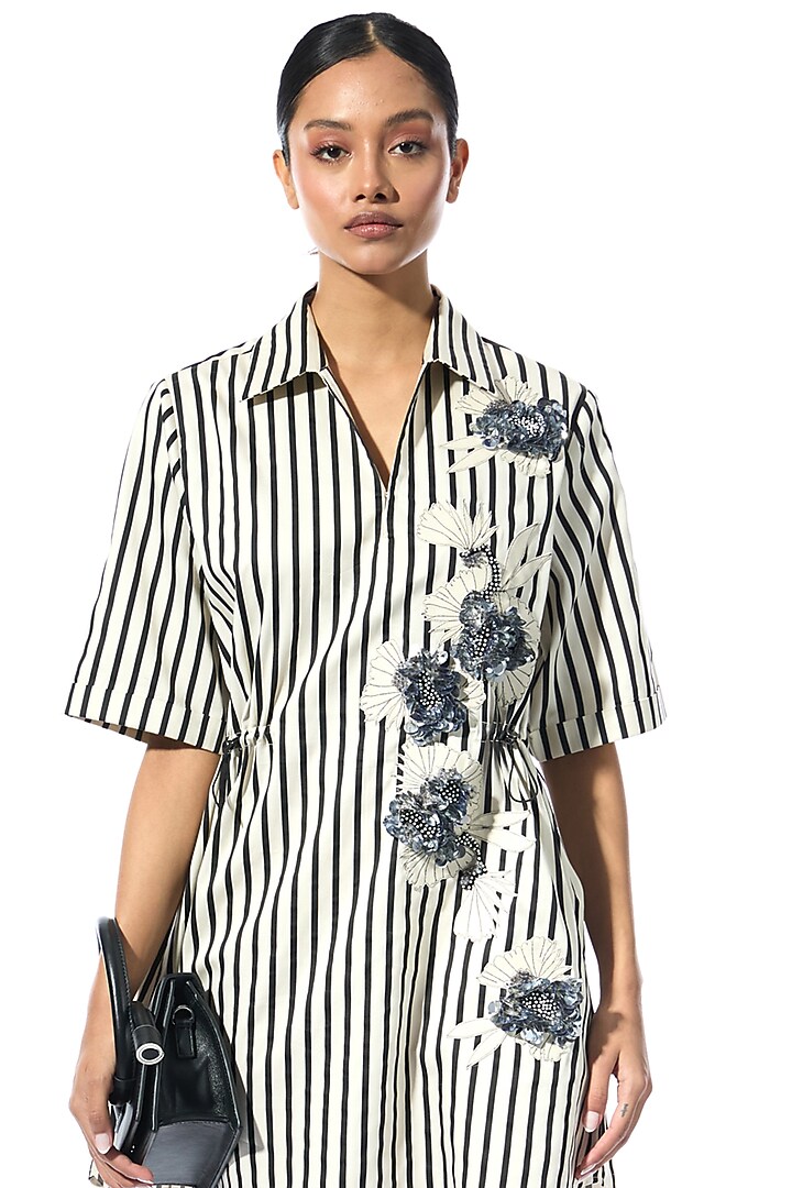 Beige & Black Cotton Embellished Striped Vacation Dress by Kanika Goyal at Pernia's Pop Up Shop