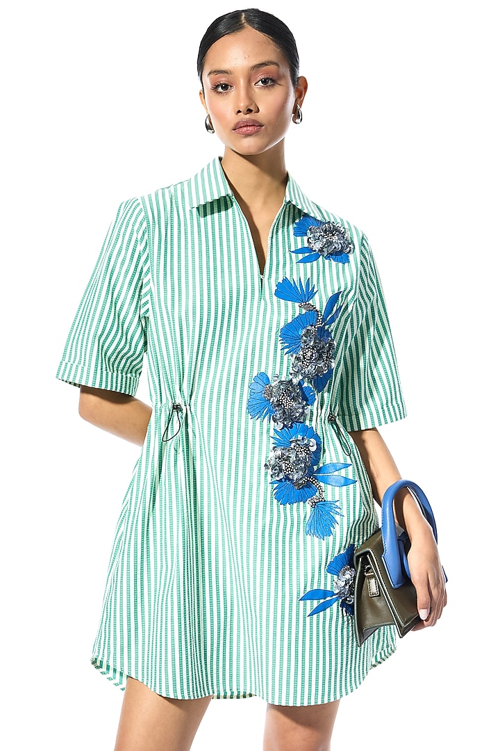 Green & White Cotton Embellished Mini Vacation Dress by Kanika Goyal at Pernia's Pop Up Shop