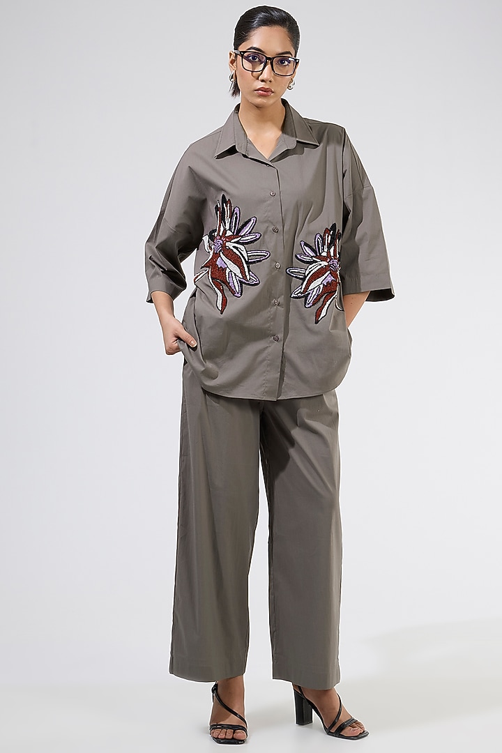 Taupe Cotton Embellished Co-Ord Set by Kanika Goyal at Pernia's Pop Up Shop